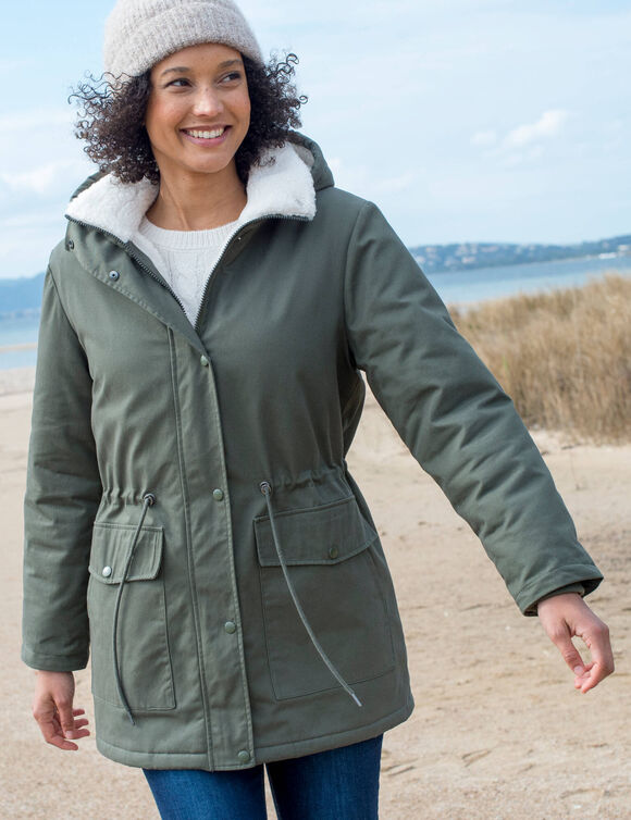 Parka déperlante à capuche, doublée polaire sherpa (kaki)