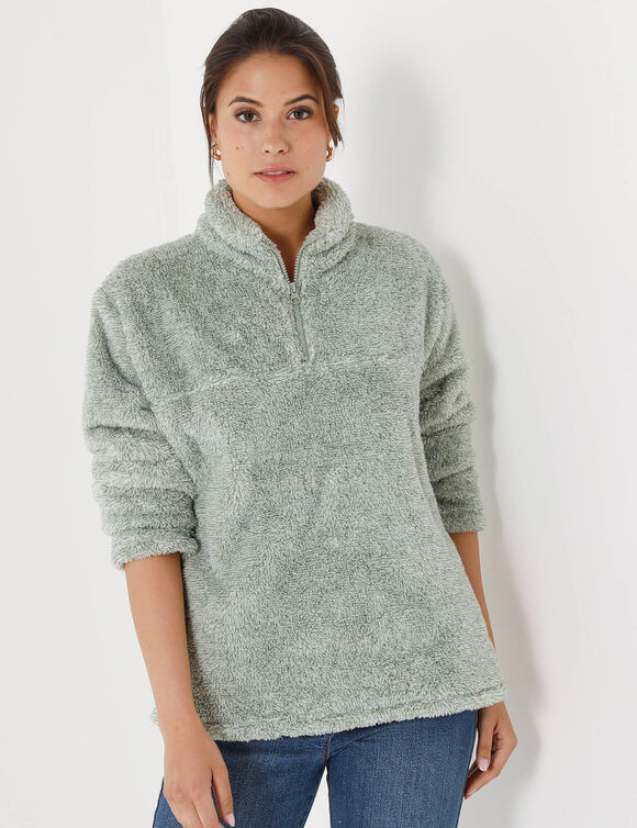 Sweat zippé, maille peluche (vert amande chiné)