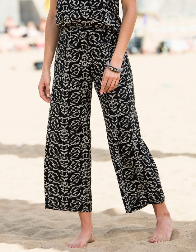Pantalon large 7/8ème taille élastiquée maille fluide imprimée (noir / écru)