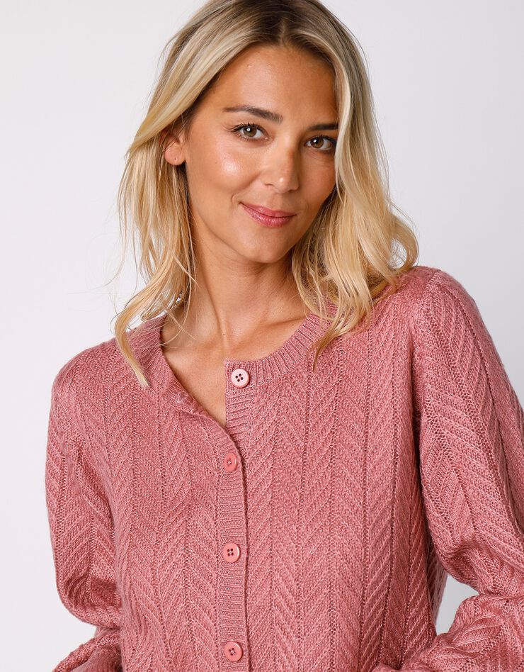 Cardigan boutonné maille fantaisie manches bouffantes (bois de rose) Cardigan boutonné maille fantaisie manches bouffantes (bois de rose)