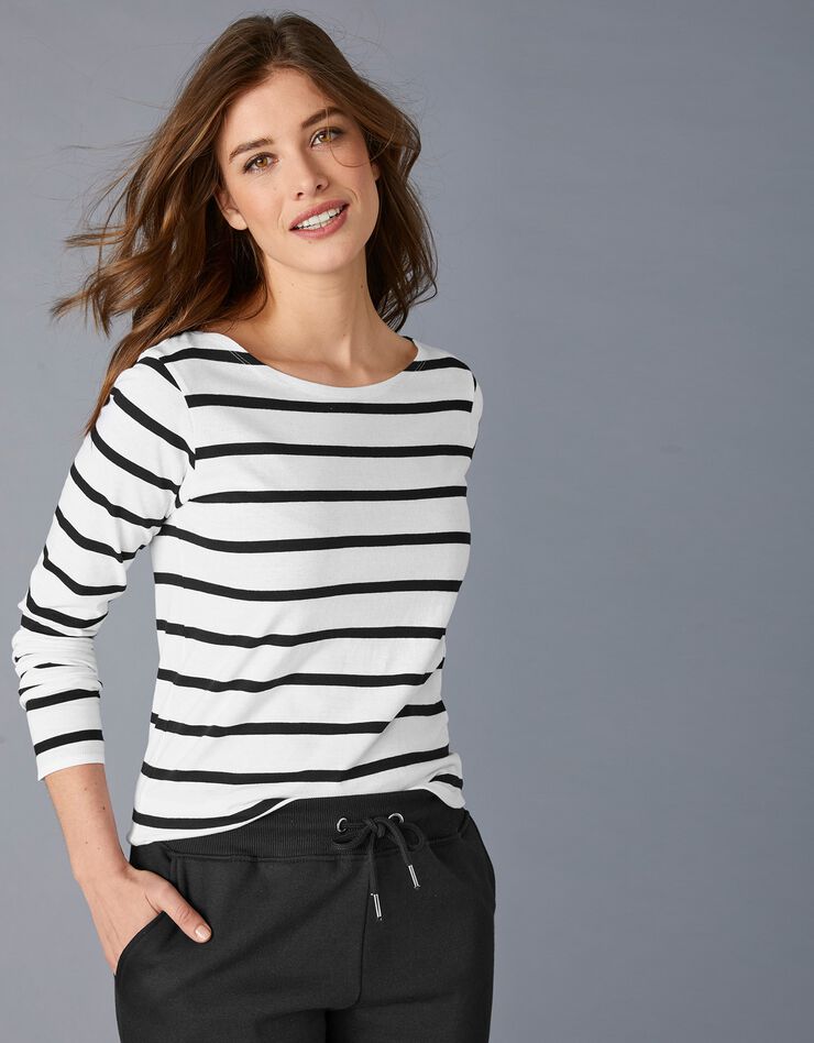 Tee-shirt marinière manches longues en coton bio, éco-responsable (blanc / noir) Tee-shirt marinière manches longues en coton bio, éco-responsable (blanc / noir)