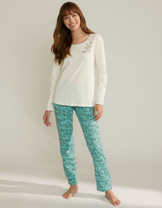 Tee-shirt de pyjama manches longues imprimé placé fleurs (écru)
