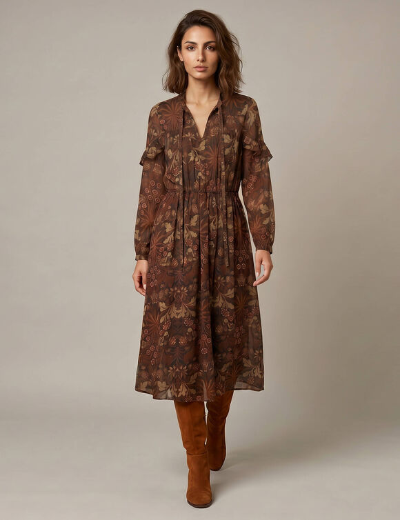 Robe longue col V, voile imprim&eacute; fleurs (chocolat)