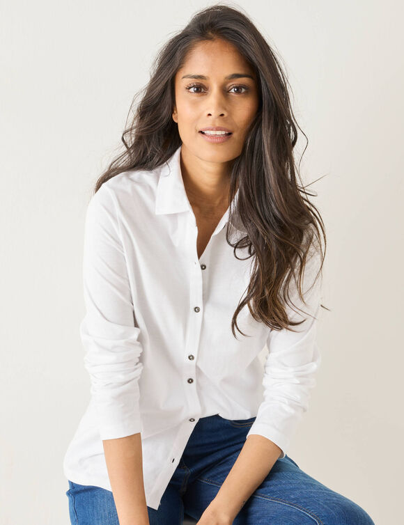 T-shirt boutonné manches longues, col polo (blanc)