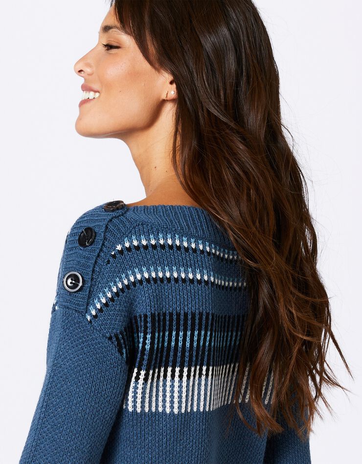 Robe pull à motifs jacquard et col bateau boutonné (bleu grisé / noir) Robe pull à motifs jacquard et col bateau boutonné (bleu grisé / noir)
