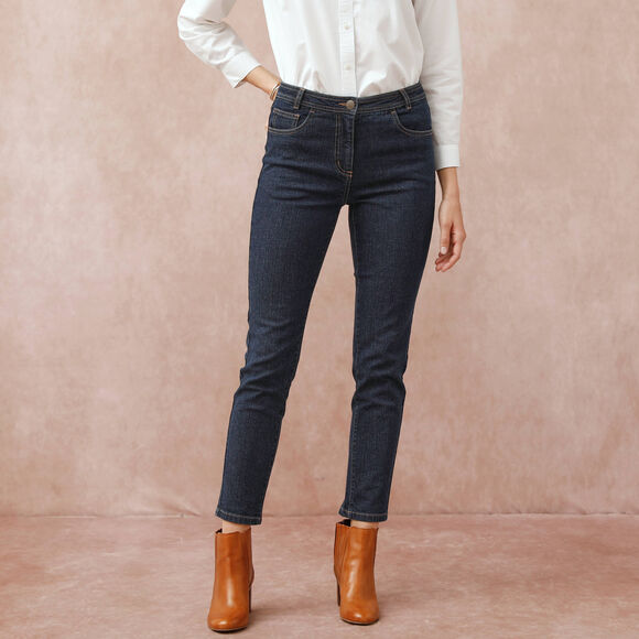 Jean slim taille haute, coupe raccourcie (brut)