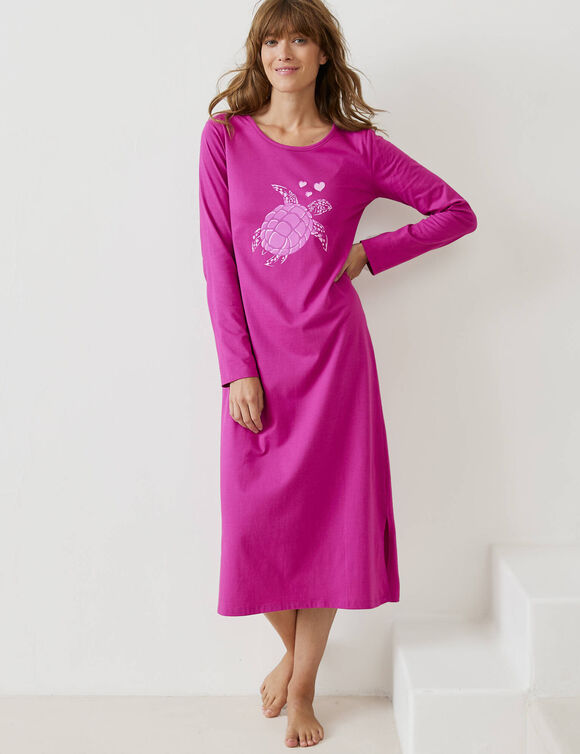 Chemise de nuit longue manches longues imprimé "tortue" (framboise)