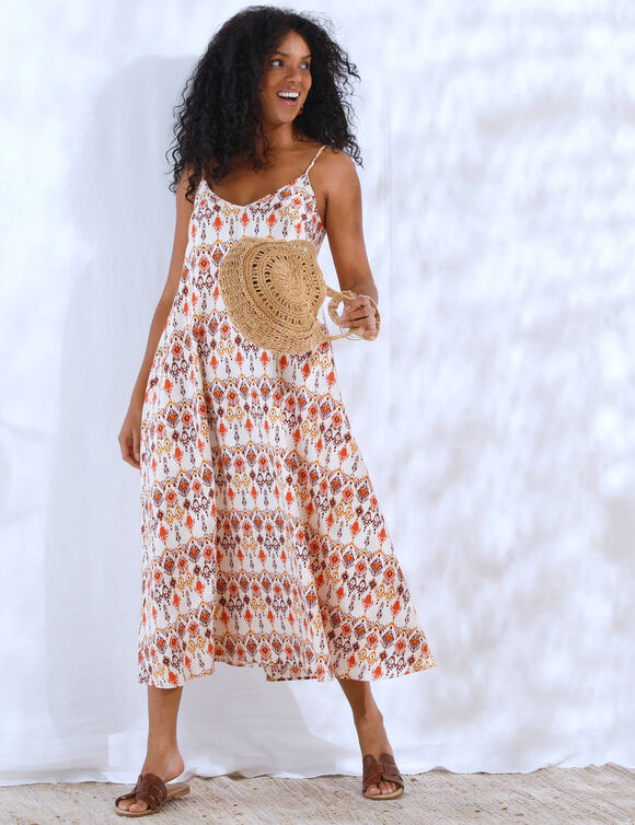 Robe longue à fines bretelles, imprimé fantaisie (écru / multicolore)
