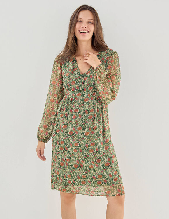 Robe courte, en voile imprim&eacute; (kaki / &eacute;cru)