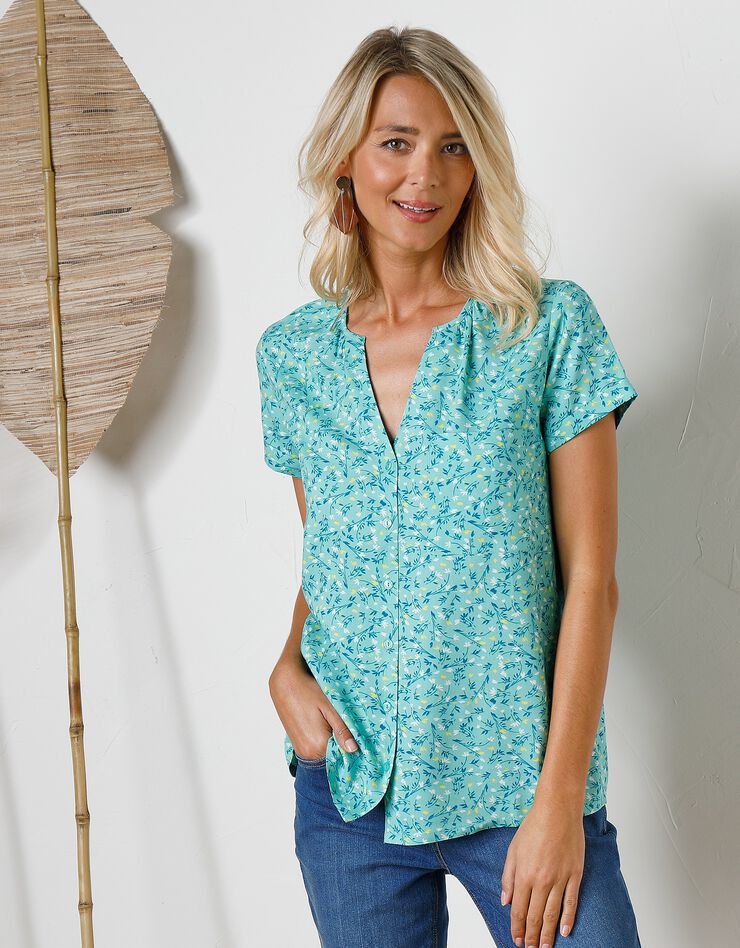 Blouse boutonnée en viscose imprimée, manches courtes (vert) Blouse boutonnée en viscose imprimée, manches courtes (vert)