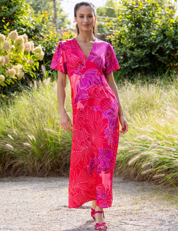 Robe longue satin&eacute;e, imprim&eacute; floral  (rouge / figue)