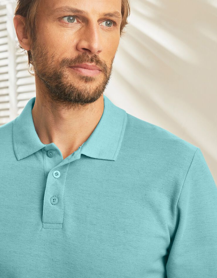 Polo uni maille piquée manches longues (vert d'eau) Polo uni maille piquée manches longues (vert d'eau)