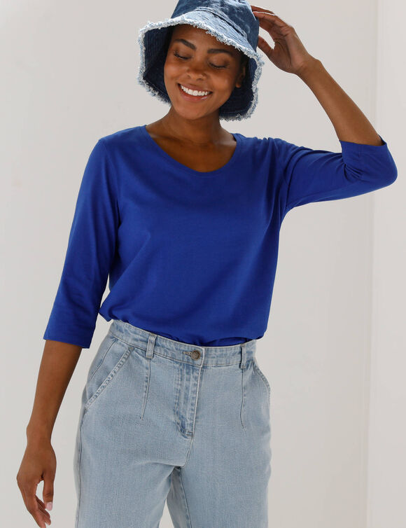 T-shirt manches 3/4 uni, coton (bleu dur)