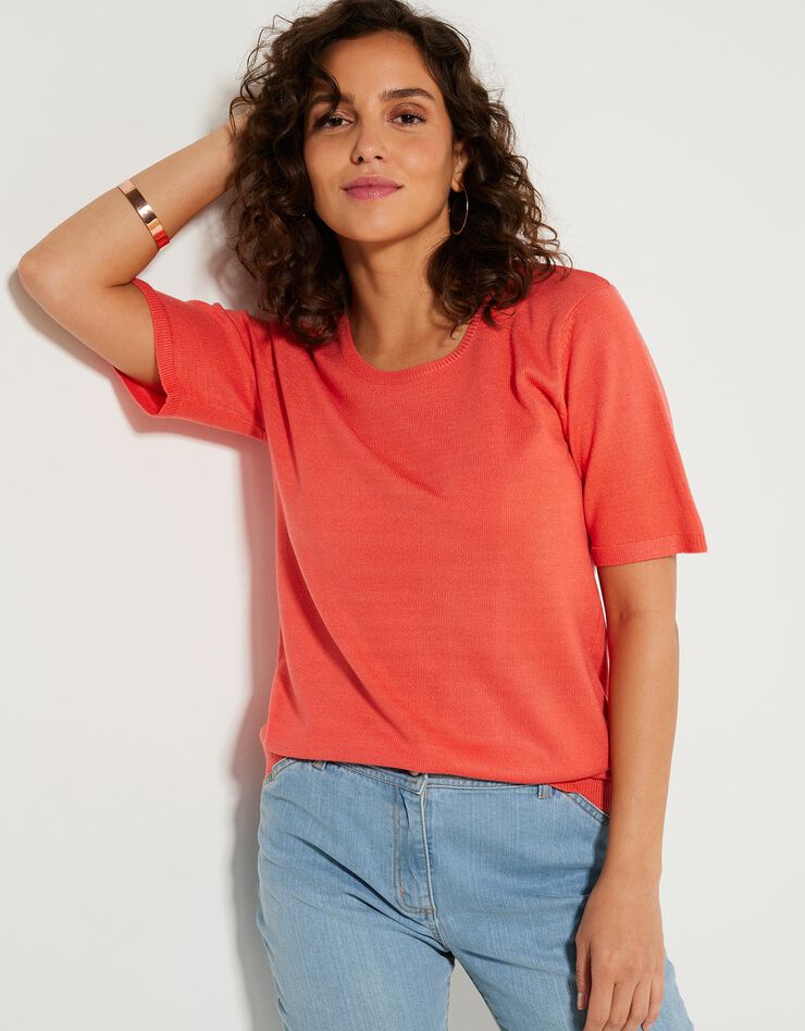 Pull uni manches courtes toucher cachemire (corail) Pull uni manches courtes toucher cachemire (corail)