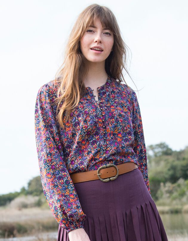 Blouse folk imprimé feuilles, manches amples élastiquées (marine / orange)