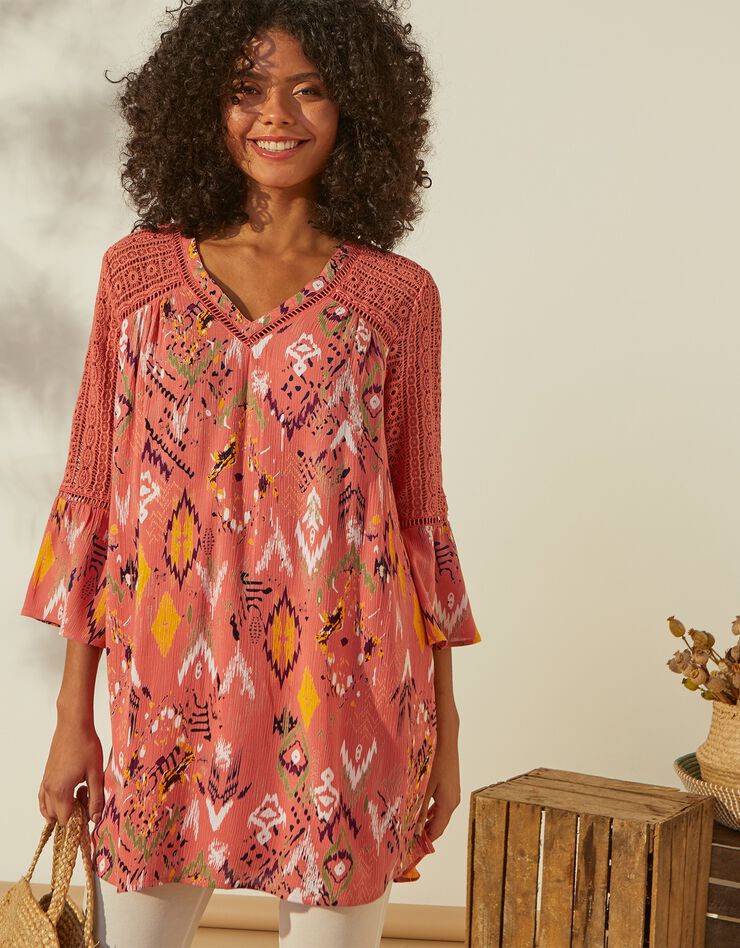 Tunique imprimée ample, détails macramé (corail) Tunique imprimée ample, détails macramé (corail)