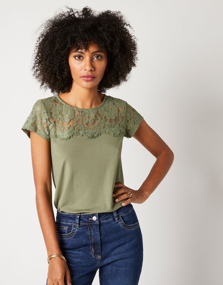 Tee-shirt dentelle col rond manches courtes (bronze) Tee-shirt dentelle col rond manches courtes (bronze)