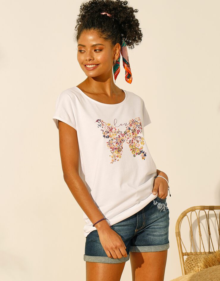 Tee-shirt imprimé placé "papillon" (blanc) Tee-shirt imprimé placé "papillon" (blanc)