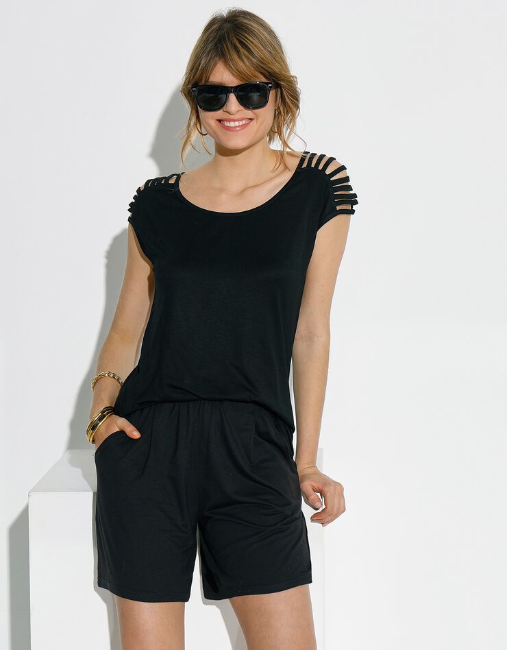 Short-jupette taille élastiquée maille fluide unie (noir) Short-jupette taille élastiquée maille fluide unie (noir)