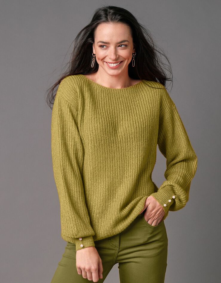 Pull col bateau, maille anglaise toucher mohair (vert mousse)