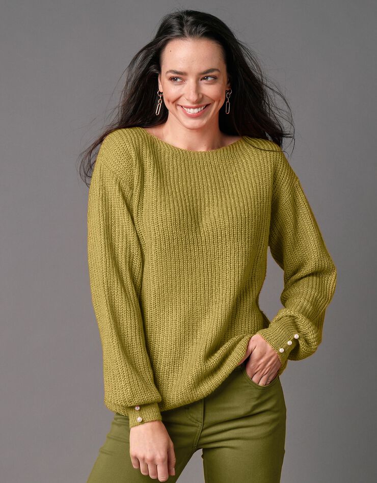 Pull col bateau, maille anglaise toucher mohair (vert mousse) Pull col bateau, maille anglaise toucher mohair (vert mousse)