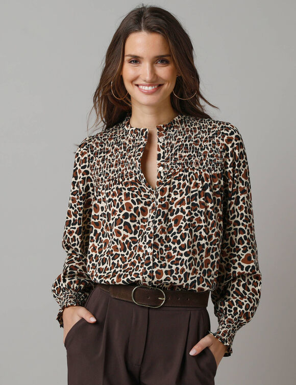 Chemisier imprimé léopard, détails de smocks (caramel / noir)