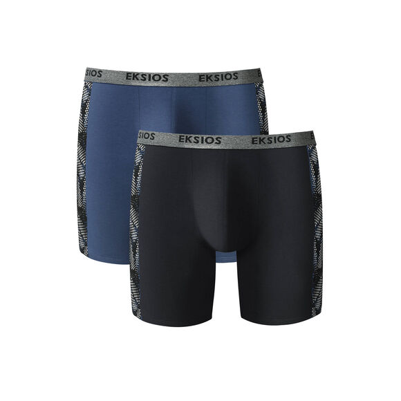 Boxer long imprim&eacute; c&ocirc;t&eacute; coupe short - lot de 2 (noir + bleu)