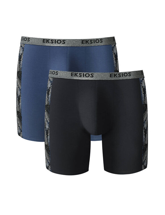Boxer long imprim&eacute; c&ocirc;t&eacute; coupe short - lot de 2 (noir + bleu)