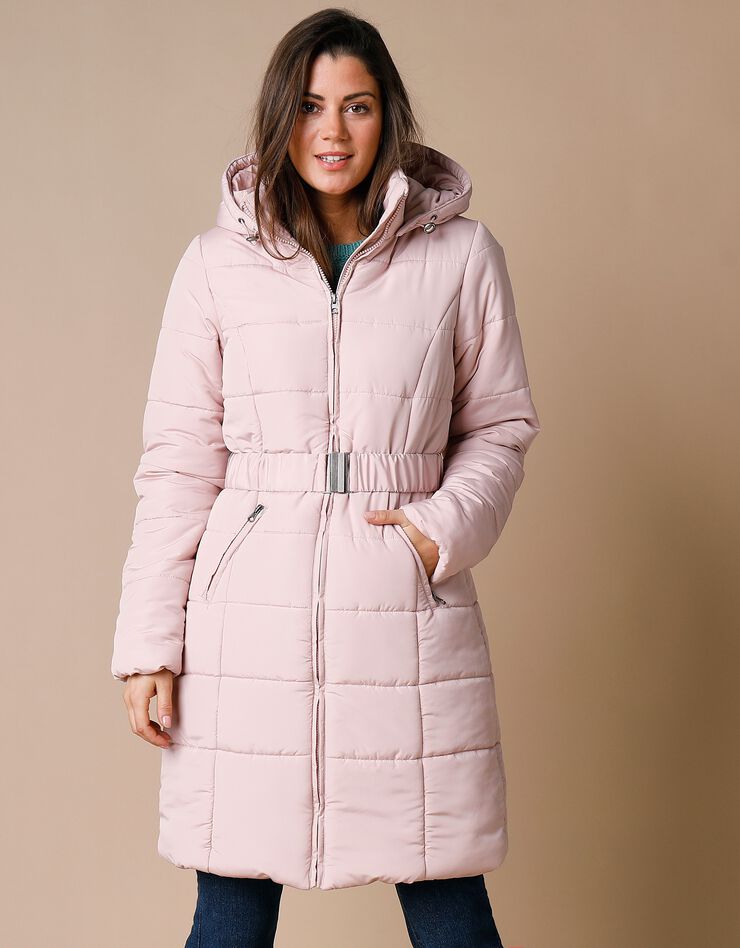 Doudoune ceinturée unie - version longue (rose grisé)