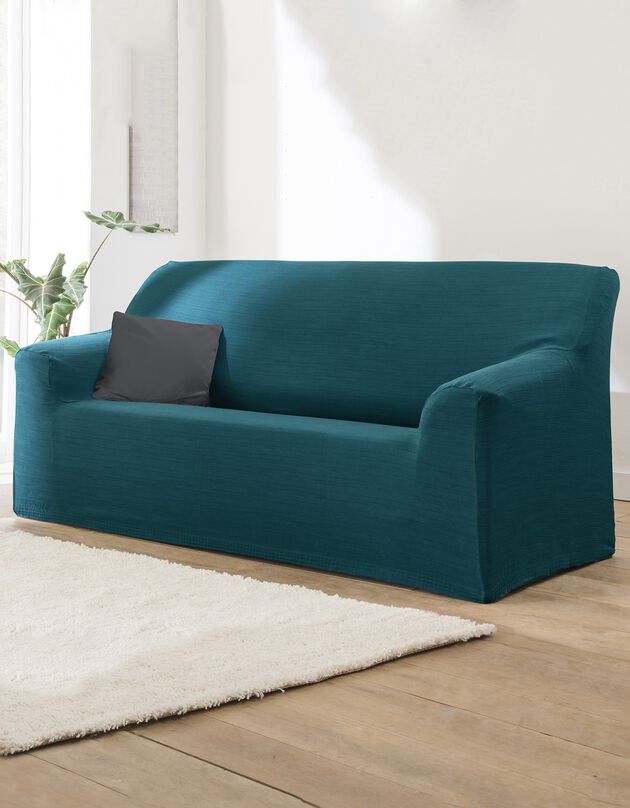 Housse extensible unie canapé fauteuil accoudoirs (bleu canard)