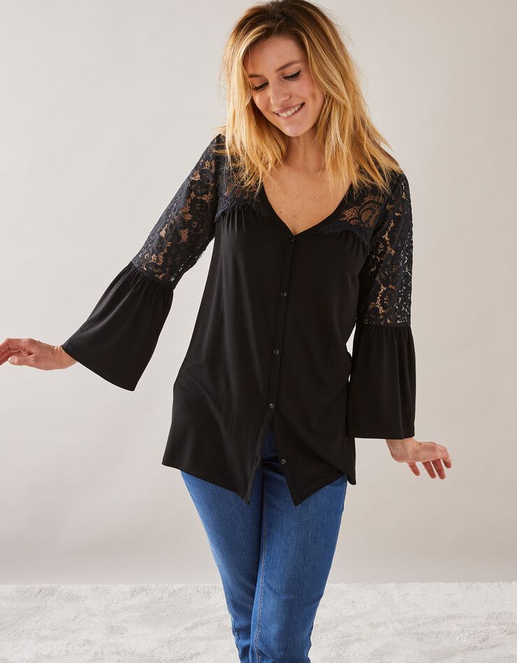 Tee-shirt boutonné manches 3/4 dentelle (noir)