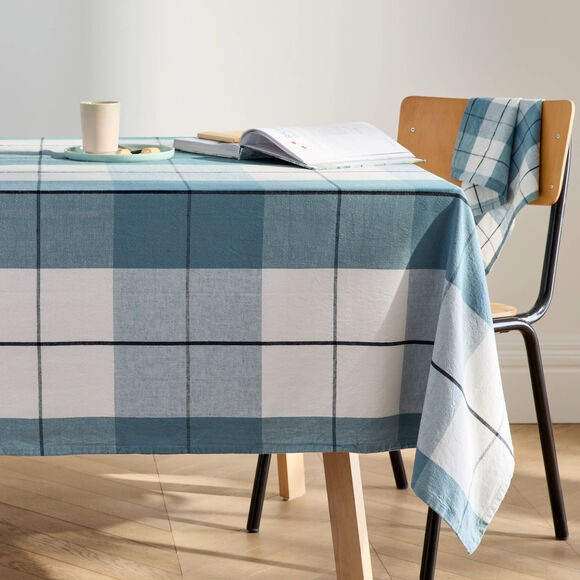Nappe carreaux coton lin tiss&eacute; teint (bleu gris&eacute;)