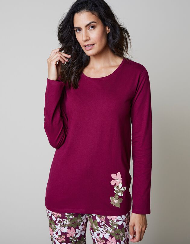 T-shirt pyjama manches longues imprimé fleuri (bordeaux)