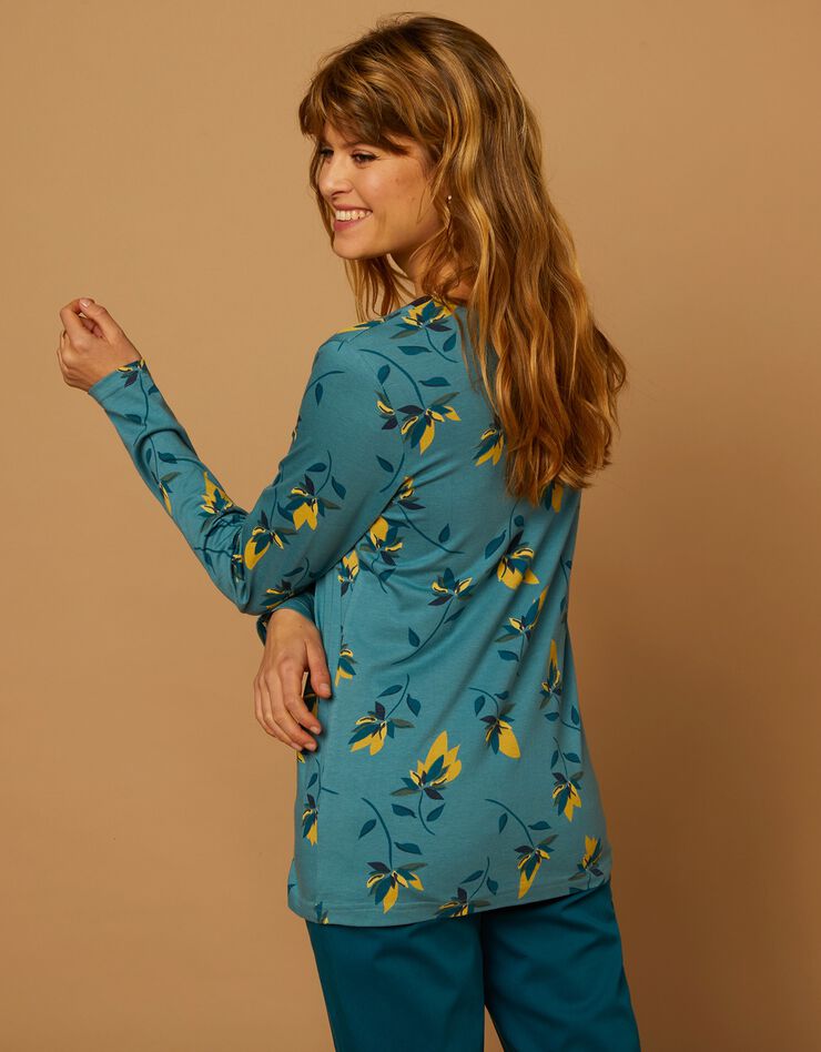 Tee-shirt col V biais doré imprimé fleurs (bleu / safran)