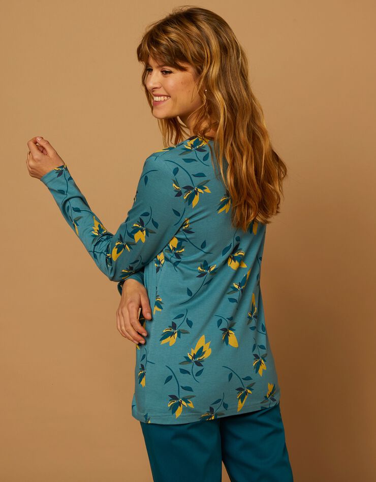 Tee-shirt col V biais doré imprimé fleurs (bleu / safran) Tee-shirt col V biais doré imprimé fleurs (bleu / safran)