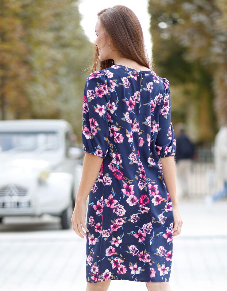 Robe housse imprimé fleurs, crêpe (indigo / fuchsia)