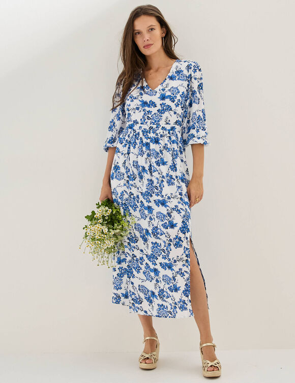 Robe longue imprim&eacute;e, dos fantaisie (blanc / bleu)