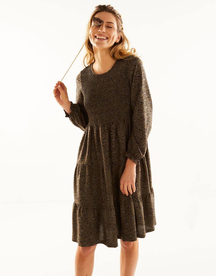 Robe smockée manches longues imprimé peau de bête (bronze / noir) Robe smockée manches longues imprimé peau de bête (bronze / noir)