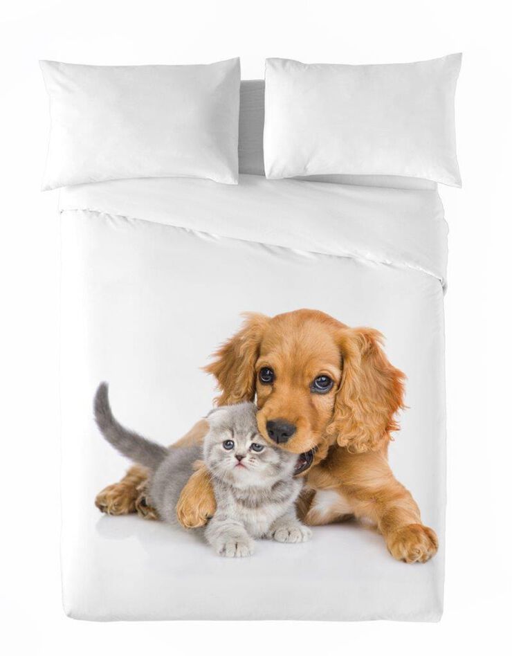 Couette microfibre imprimée chat et chien 200 g/m² (blanc / gris)