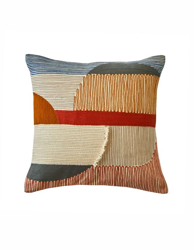Coussin brodé motif demi-sphères (écru / terracotta)
