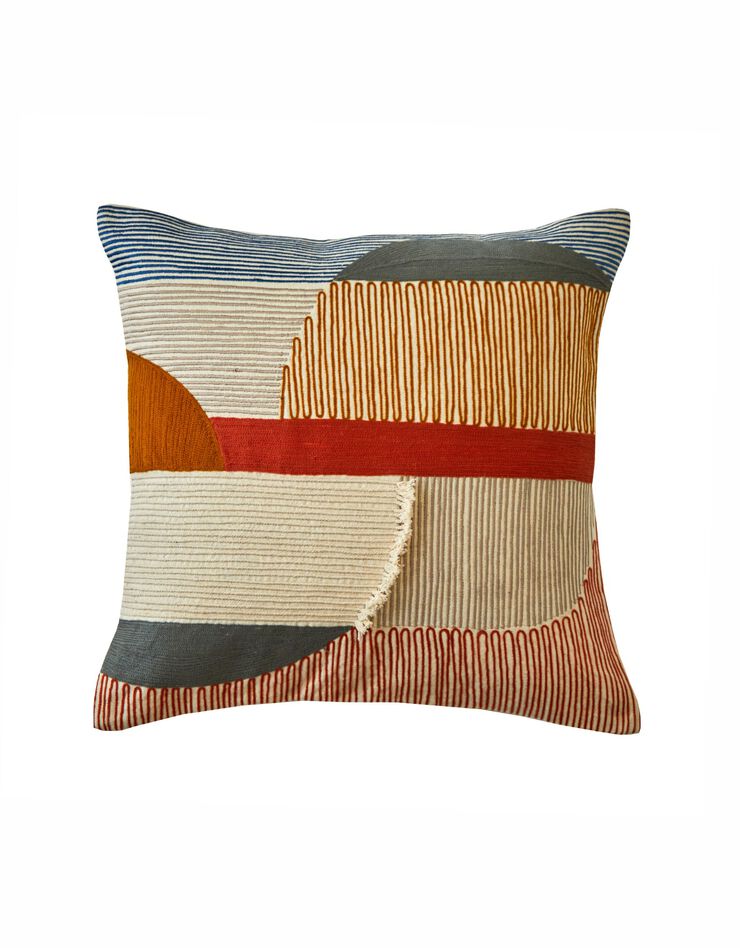 Coussin brodé motif demi-sphères (écru / terracotta)