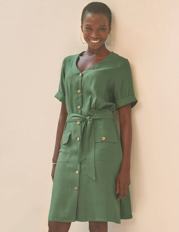 Robe saharienne boutonn&eacute;e unie, manches courtes (kaki)