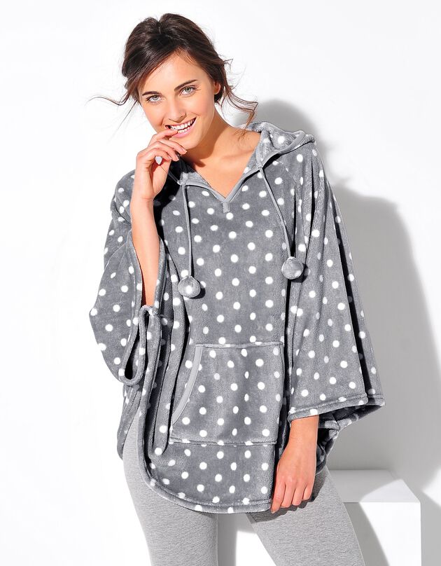 Poncho polaire toucher peluche à capuche  (gris imprimé pois)