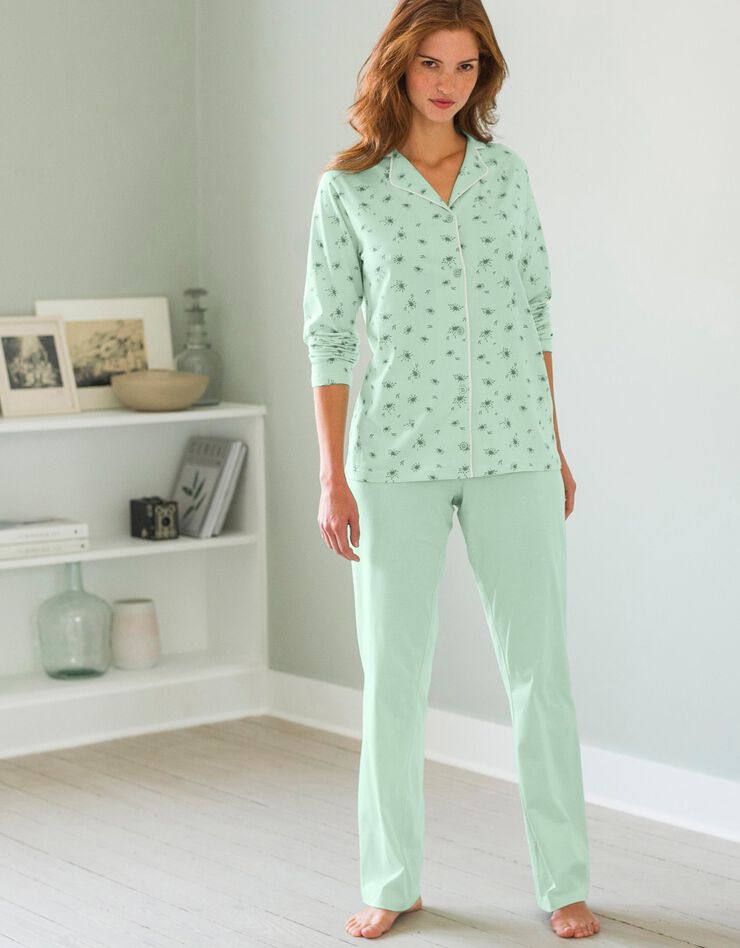 Pyjama coton imprimé col tailleur (vert amande)