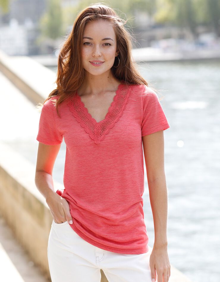 Tee-shirt macramé, effet lin (corail) Tee-shirt macramé, effet lin (corail)