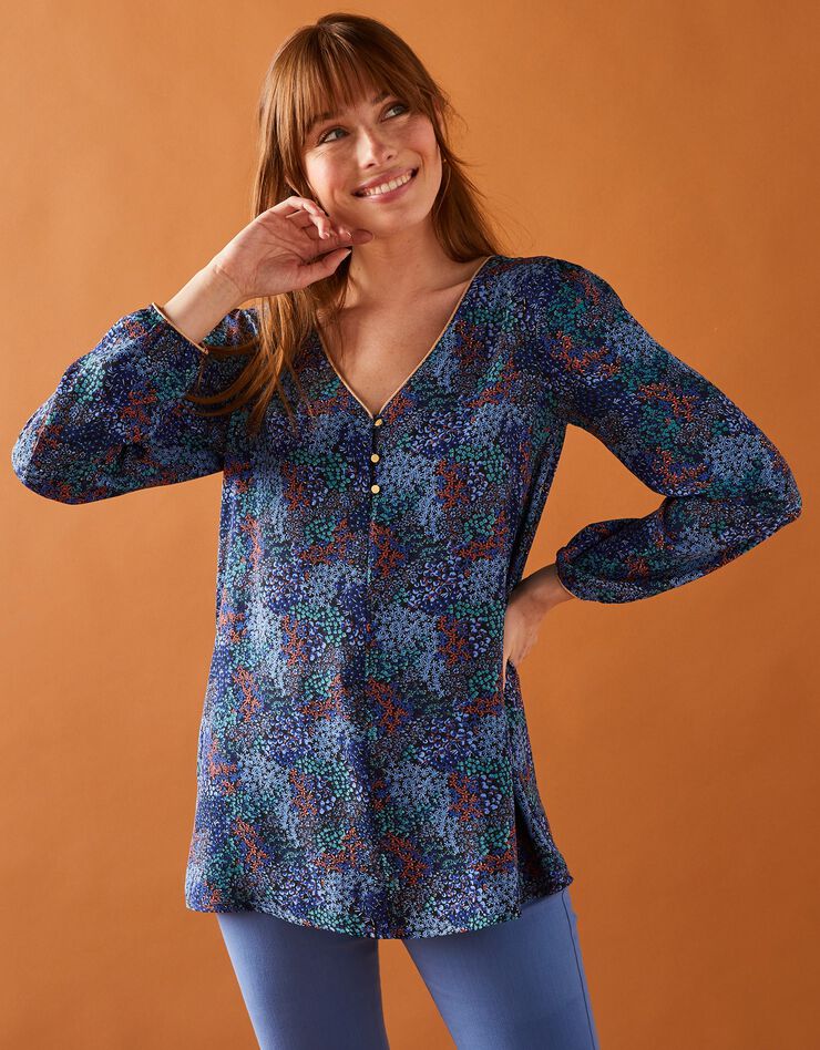 Blouse évasée détails dorés imprimé fleurs (marine / bleu) Blouse évasée détails dorés imprimé fleurs (marine / bleu)