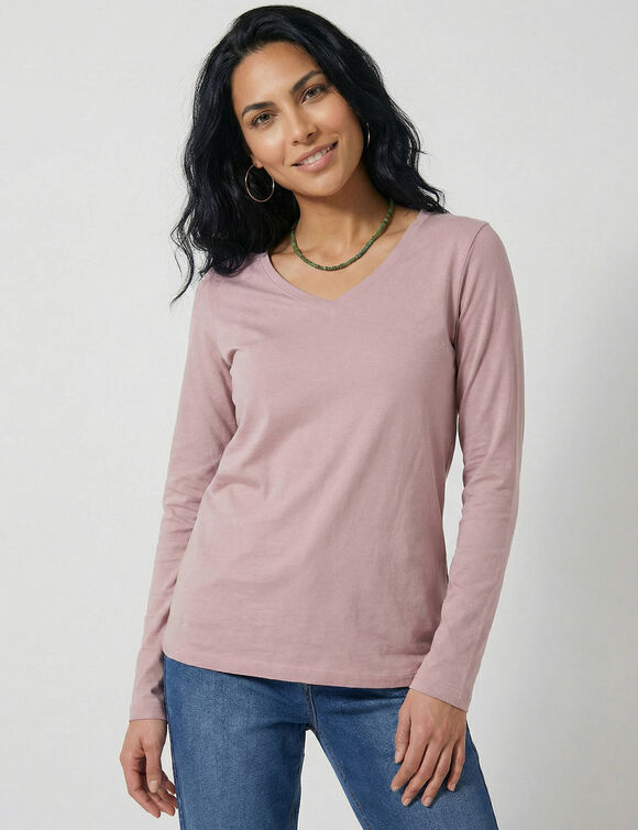T-shirt col V manches longues (rose parm&eacute;)