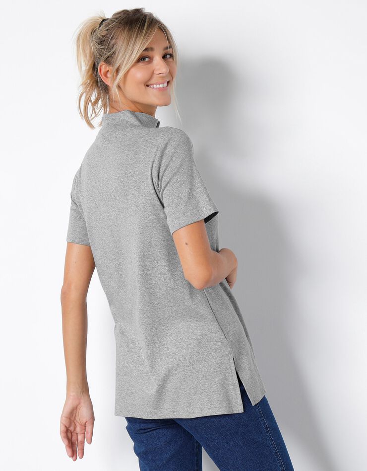 Tee-shirt coton manches courtes col zippé (gris chiné / anis)