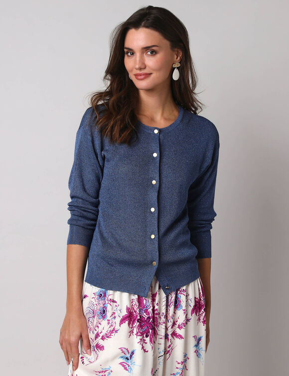 Gilet fine maille et fil brillant, manches longues (bleu jean)