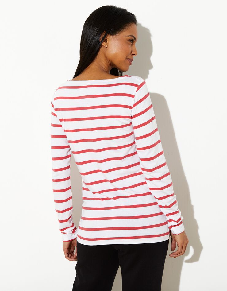 Tee-shirt marinière manches longues en coton bio, éco-responsable (blanc / corail) Tee-shirt marinière manches longues en coton bio, éco-responsable (blanc / corail)